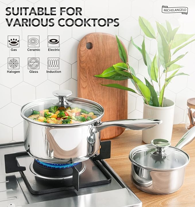MICHELANGELO 3 Qt Saucepan with Lid, 3-ply Stainless Steel Sauce Pan, No Coating, Even Heating, for All Cooktops & Induction Compatible - Silver