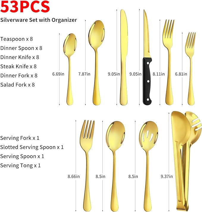 53PCS Gold Silverware Set for 8 with Cutlery Drawer Organizer, Stainless Steel Flatware Set with Steak Knives, Include Spoons and Forks Set & Serving Utensils, Mirror Polished