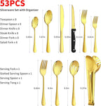 53PCS Gold Silverware Set for 8 with Cutlery Drawer Organizer, Stainless Steel Flatware Set with Steak Knives, Include Spoons and Forks Set & Serving Utensils, Mirror Polished
