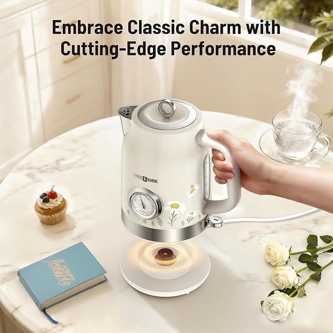 Retro Electric Kettle, PARIS RHÔNE 1.7L Hot Tea Kettle with Thermometer, 1500W Fast Heating, Cordless Design, LED Indicator, Auto Shut-Off & Boil Dry Protection