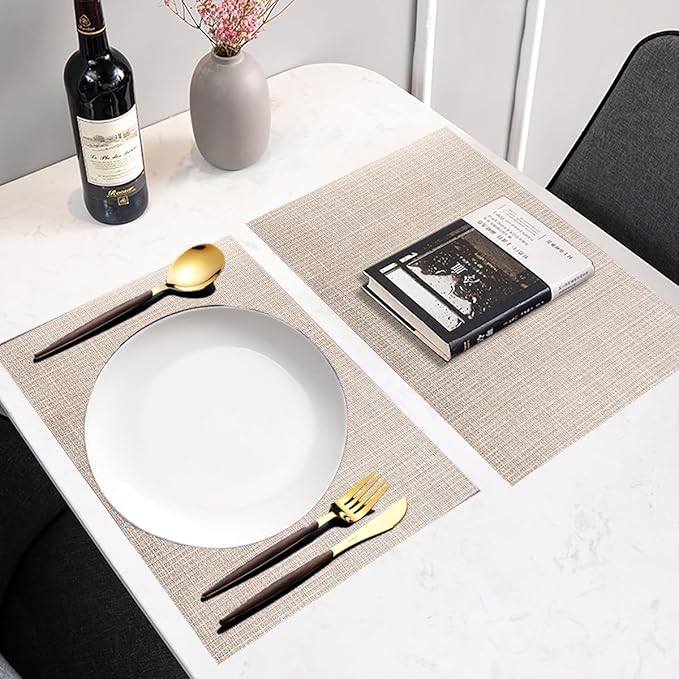 PIGCHCY Beige Placemats Set of 4 Vinyl PVC Durable Place Mats for Dining Table,Heat Resistant Non-Slip Woven Tabel Mats (18x12 inches, Beige)