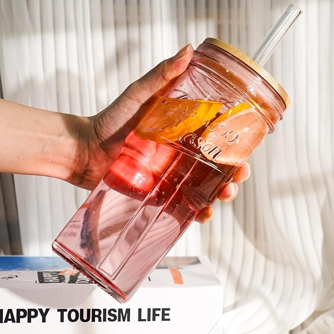 ANOTION Glass Cups with Lids and Straws, 24oz Pink Glass Tumbler Travel Coffee Mug Bamboo Mason Jar Iced Cup Smoothie Tea Clear Cute Water Drinking Jars Glasses