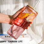 ANOTION Glass Cups with Lids and Straws, 24oz Pink Glass Tumbler Travel Coffee Mug Bamboo Mason Jar Iced Cup Smoothie Tea Clear Cute Water Drinking Jars Glasses