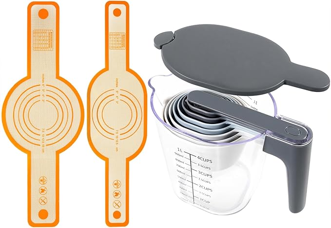 12-Piece Measuring Cups and Spoons Set with Stackable Measuring Cup, Lid, and 2 Orange Silicone Bread Slings(Oval and Round), BPA-Free, Dishwasher Safe, Baking Accessories