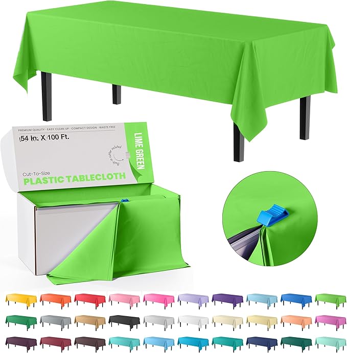 Exquisite Lime Green Plastic 54x100in Rectangular Tablecloth Roll with Built-in Cutter, 100 Feet, All-Season