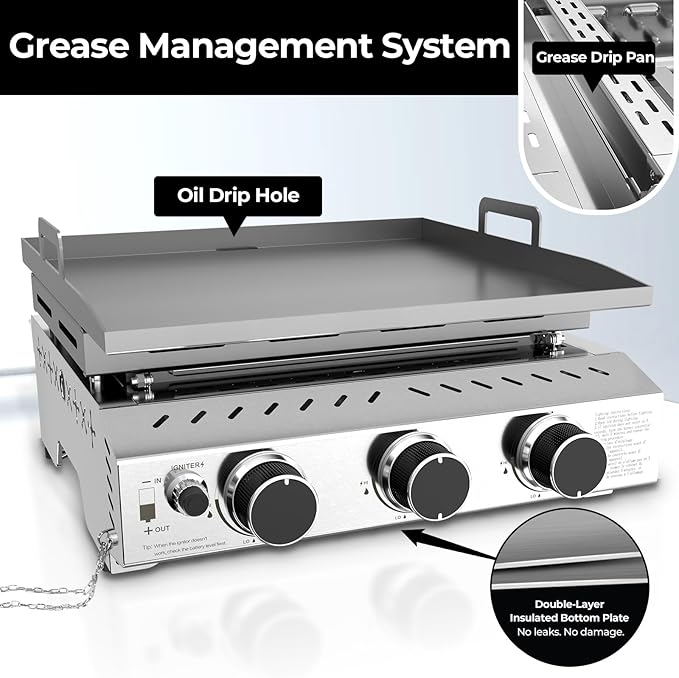 R.W.FLAME 3 Burner Tabletop Propane Griddle, 25" Stainless Steel Gas Griddle, 24,000 BTU Flat Top Grill for Outdoor BBQ,Camping & Patio Gatherings