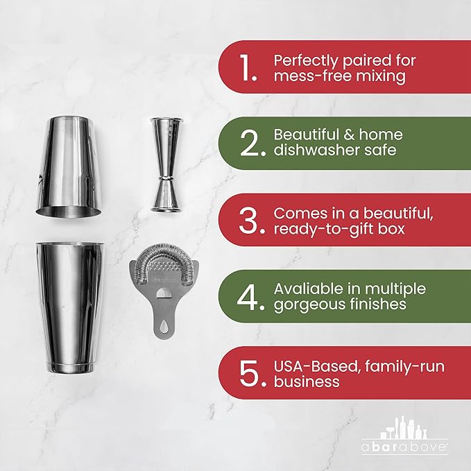 A Bar Above Cocktail Shaker Set, 4-Piece Professional Bartender Kit with Boston Shaker, Strainer, Jigger, and Bar Spoon, Stainless Steel Bar Accessories for Craft Cocktails, Silver