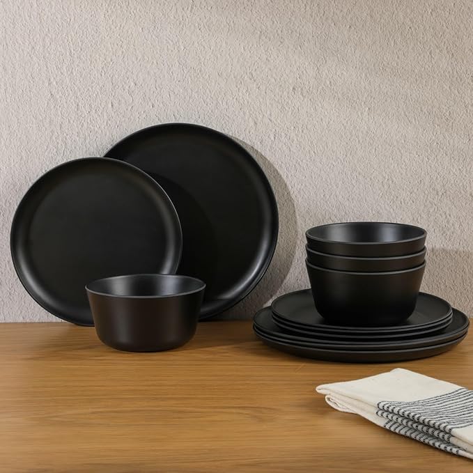 Gibson Home Fairhope 12 Piece Melamine Dinnerware Set - Matte Black