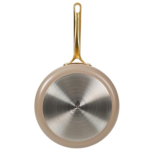 Bloomhouse - Two Time Oprah's Favorite Things Winner - 10 Inch Heavy Duty Aluminum Premium PFA Free Ceramic Nonstick Saute/Deep Frying Pan Skillet with Lid - Cappuccino Cream with Gold Handle
