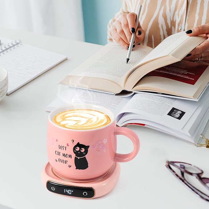 Bsigo Coffee Mug Warmer & Best CAT MOM Ever Mug Set, Electric Candle Mug Warmer 8H Auto Shut Off, Home & Office Beverage Cup Coffee Warmer for Desk, Cat Lover Mom Sister Birthday Women Mothers Day