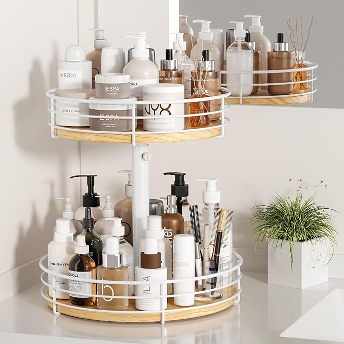 Two Tier Lazy Susan Organizer Turntable Height Adjustable, 2 Tier Wood Lazy Susan 12 Inch, Rotating Spice Rack Organizer for Cabinet Dining Table Top Kitchen Bathroom Countertop White