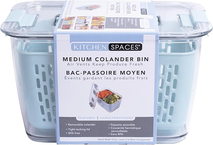 Kitchen Spaces Colander Bin, Produce Saver, Fridge Organizer With Lid, Wash, Strain and Store, Great for Refrigerator, Freezer and Pantry, Medium, Blue, Pack of 1