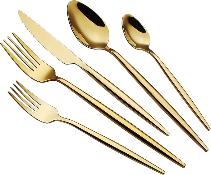 20 Piece Luxury Silverware Set for 4 Gold Mirror-Polished 18/10 Stainless Steel Heavy Flatware Set Modern Cutlery Set Knife/Fork/Spoon with Gifts for Home & Restaurant
