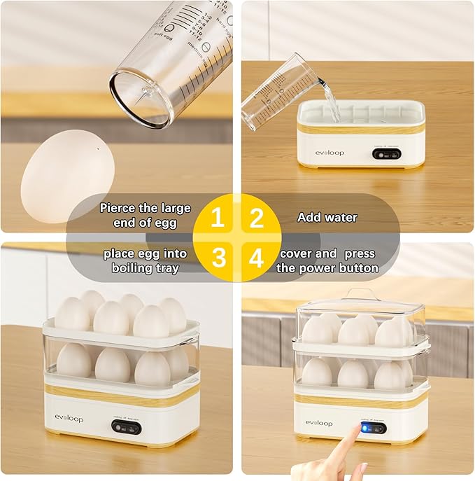 Evoloop Rapid Egg Cooker Electric 12 Eggs Capacity, Soft, Medium, Hard Boiled, Poached, Omelet Maker Egg Poacher & Vegetable Steamer, BPA Free Tray（white）