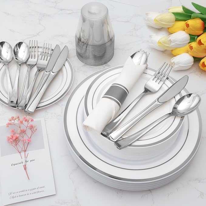 Goodluck 700 Piece Silver Plastic Dinnerware Set for 100 Guests, Disposable Plates for Party, Include: 100 Dinner Plates, 100 Dessert Plates, 100 Pre Rolled Napkins with Silverware, 100 Cups