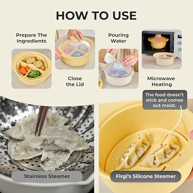 48oz Platinum Silicone 3 Compartmented Microwave Steamer Pot with Handle & Lid - Korean 100% Food-Grade Steamer Bowl, Heat-Resistant Cooker with Steam Holes, Easy Clean, Dishwasher Safe, Ivory