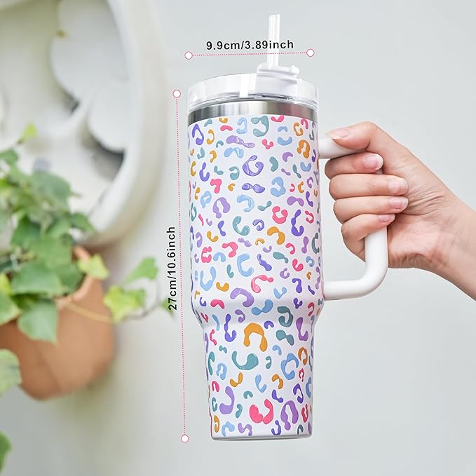 sweet grain 40 oz Tumbler with Handle and Straw, Keeps Drinks Cold Up to 24 Hours Leopard Tumbler, Stainless Steel Vacuum Insulated Travel Mugs for Water, Iced Tea or Coffee(Colorful)