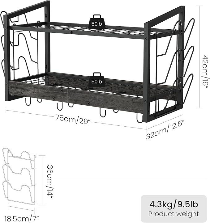 Hanging Pot Rack, Pot Rack Wall Mounted, 2-Tier Kitchen Pot and Lid Organizer, Wall-Mounted Cookware Holder with 12 Hooks, for Kitchen Storage of Pots, Pans, Utensils, Charcoal Black TPR02BC