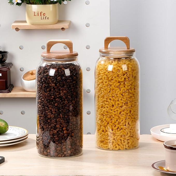 WHJY 2 pack 1/2 Gallon Glass Jars with Wood Lids Flour Sugar Storage Containers for Kitchen Pantry Large Airtight Clear Canister for Coffee Bean Snacks Dried Goods