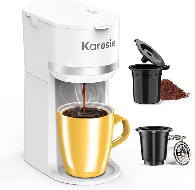Single Serve Coffee Maker for K-Cup and Ground Coffee, Fast Brew, 6-12 oz Brew Sizes One Cup Coffee Machine Fits 5.5" Mugs, One-Button Small Coffee Maker with Descaling Reminder,White