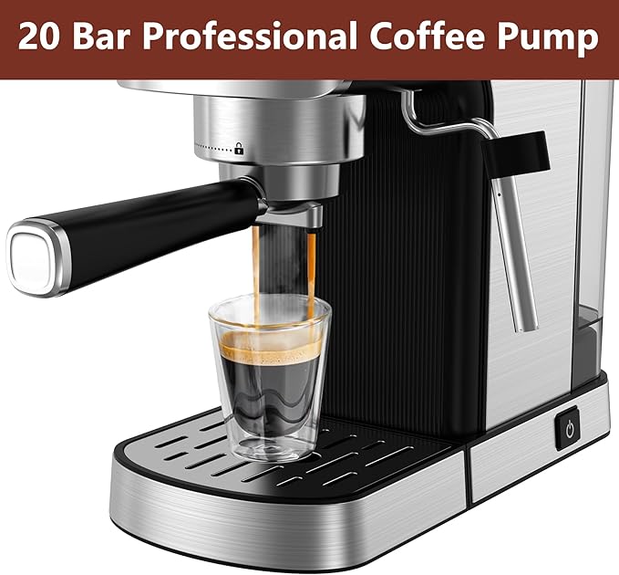 VEGETA Espresso Machine 20 Bar, Small Coffee Maker with 40oz Removable Water Tank, Stainless Steel Espresso Machine with Steam Milk Frother, Latte & Cappuccino Machine for Home, Silver