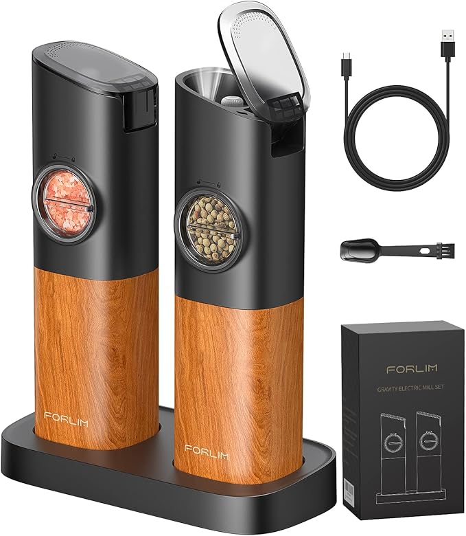 FORLIM Gravity Electric Salt and Pepper Grinder Set, Upgraded Large Capacity, USB Rechargeable Pepper grinder Automatic One Hand Operated, Adjustable Coarseness with LED Light（Natural Wood Grain）