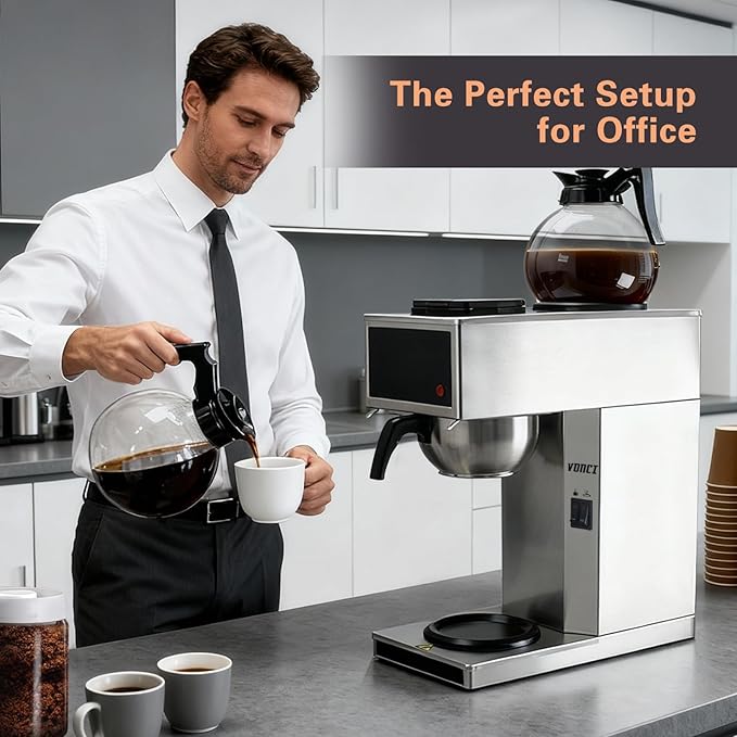 VONCI 1610W Commercial Coffee Maker, 12 Cup Drip Coffee Machine, 2 Glass Carafes and 2 Warmers, Stainless Steel Housing & Funnel, Industrial Coffee Maker for Offices, Hotels, Home