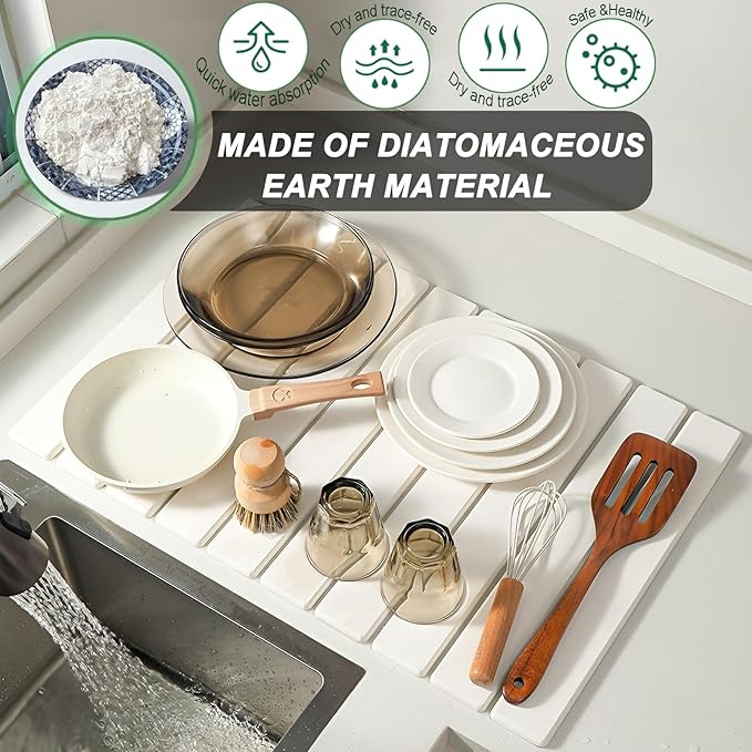 JINGYAN Large Stone Dish Drying Mat for Kitchen Counter, Foldable Diatomaceous Earth Absorbent Mat, Quick Dry Collapsible Drying Pad for Dishes & Utensils, Kitchen Sink Mat, 24x16 Inch - White