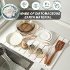 JINGYAN Large Stone Dish Drying Mat for Kitchen Counter, Foldable Diatomaceous Earth Absorbent Mat, Quick Dry Collapsible Drying Pad for Dishes & Utensils, Kitchen Sink Mat, 24x16 Inch - White
