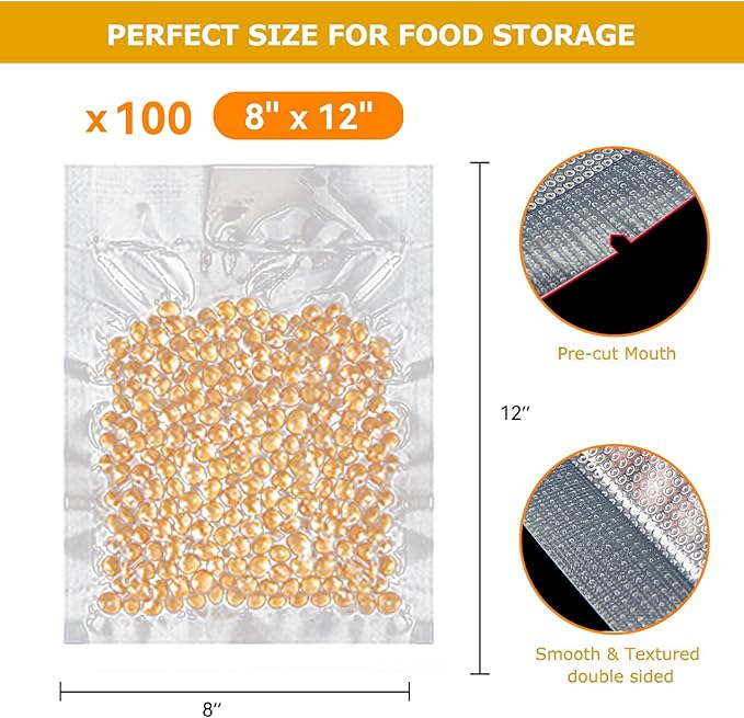 8” x 12” 100 Vacuum Sealer Bags Commercial Grade PreCut Bag Great for Storage, Meal Prep or Sous Vide