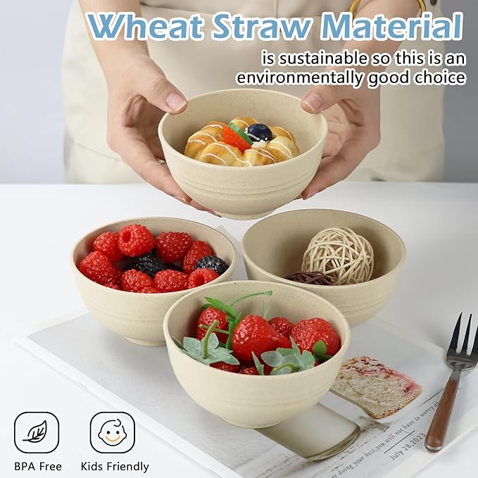 Wheat Straw Bowls Set of 8,10 OZ Small Bowls,Kids Bowls,Cereal Bowls,Plastic Bowls Reusable,Unbreakable Ice Cream Bowls for Dessert,Snack,BPA-Free,Dishwasher & Microwave Safe Bowls for Kitchen,Beige