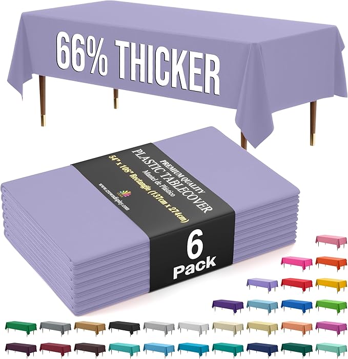 Exquisite 66% Thicker Premium Plastic Table Cloth Rectangle Table Cover 0.5 Mil 6 Pack Lavender Table Cloth 54 Inch x 108 Inch Disposable Tablecloth Won't Tear Easily Like Cheap Thin Brands