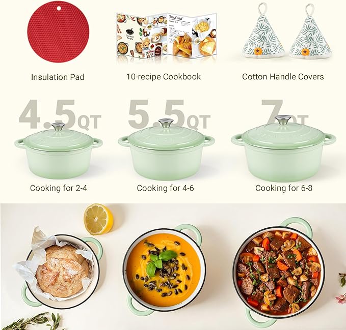 Overmont Enameled Cast Iron Dutch Oven - 5.5QT Pot with Lid Cookbook & Cotton Potholders - Heavy-Duty Cookware for Braising, Stews, Roasting, Bread Baking Verdant