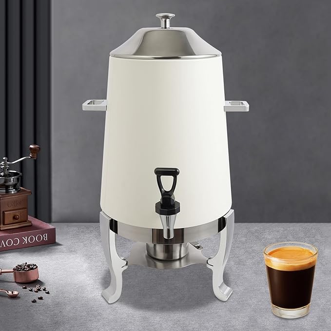 Coffee Urn with Fuel Holder 3.5 Gal/13L, Stainless Steel Beverage Dispenser Hot Drink Dispenser with Stand, Tea Water Coffee Chafer Urn for Parties Buffet Catering Commercial Home (Silver, White)