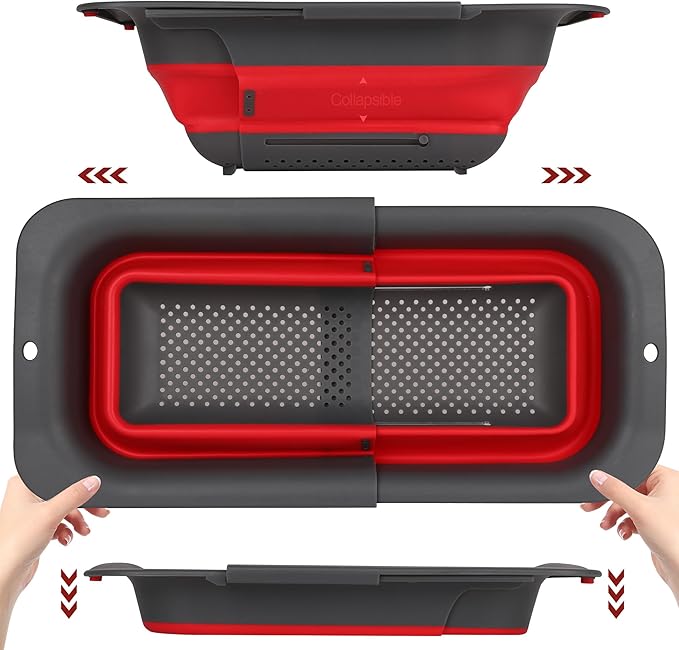 ROTTOGOON 7Qt Collapsible Colander Strainer, Expandable Over the Sink Colander, Adjustable Silicone Kitchen Sink Strainer, Foldable Large Colanders Basket to Wash Vegetable, Fruit, 15" to 19.9", Red