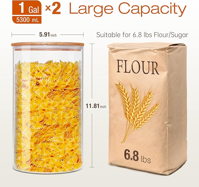 Large Glass Flour and Sugar Containers 180oz x2 [Set of 2], Glass Food Storage Containers with Bamboo Lids, Glass Jar with Airtight Lids for Spaghetti Pasta,Rice,Cereal,Candy,Coffee, Oat