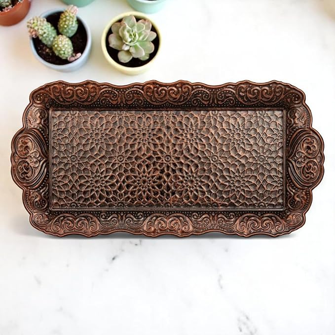 Alisveristime Small Ornate Metal Serving Tray – Ottoman Motif Decorative Tray (14.2" x 7.1", 10.8 oz) (Brown)