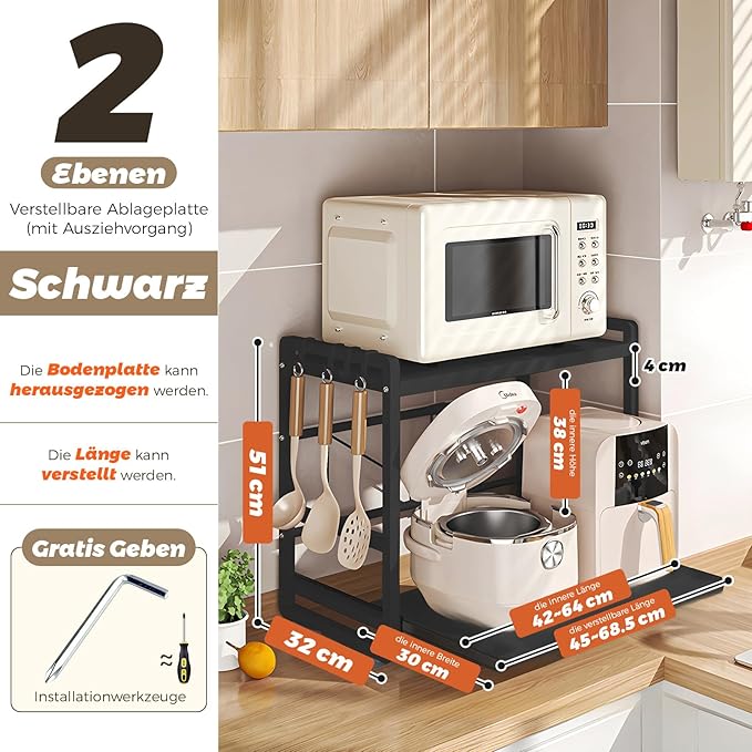 2-Tier Microwave Rack - Height Adjustable & Extendable Kitchen Shelf with Drawer - Carbon Steel - Includes Hooks & Reinforcement Suction Cups - Easy Assembly (Black)