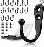15 Pcs Black Wall Mounted Coat Hooks, Hanger Hook with 30 Pieces Screws for Towel, Key, Robe, Scarf, Bag, Cap, Coffee Cup, Mugs
