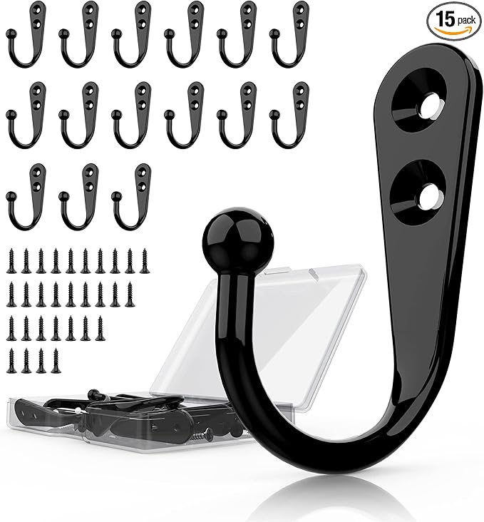 15 Pcs Black Wall Mounted Coat Hooks, Hanger Hook with 30 Pieces Screws for Towel, Key, Robe, Scarf, Bag, Cap, Coffee Cup, Mugs