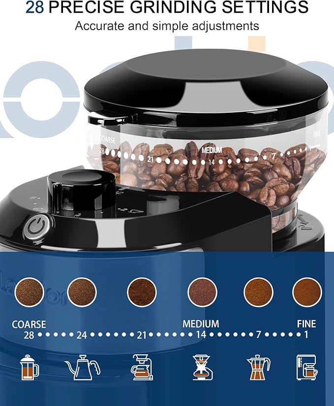 Lonkion Burr Coffee Grinder Electric - Adjustable Burr Grinder with 28 Precise Grind Settings for 12 Cups - Coffee Grinders for Home Use - Professional Coffee Bean Grinder - Stainless Steel