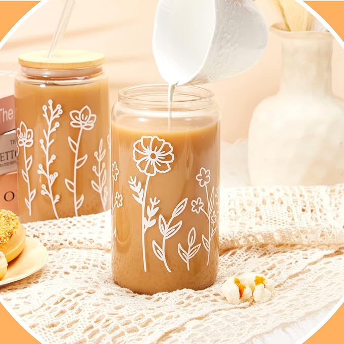 Mumufy 4 Pack Gift for Women Cute Glass Cup Tumbler Flower Iced Coffee Mugs 16 oz Glass with Bamboo Lid & Straw, Mothers Day Birthday Gift for Mom Sister Bridesmaid Baby Shower (Boho Floral)