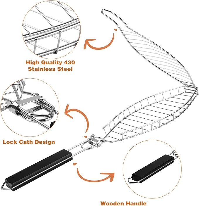 Fish Grill Basket, Large Fish Grilling Rack for Grill Fish Vegetables Shrimp, Folding Stainless Steel Grill Basket with Removable Wooden Handle & Basting Brush