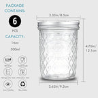Canning Jars 16 oz Wide Mouth 6-Pack - Quilted Glass Jars with Lids & Bands, Airtight Containers for Pickling, Candles, Overnight Oats, Home Decor, Fruit Preserves