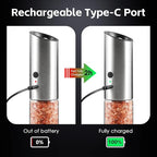 Vzaahu Gravity Electric Pepper and Salt Grinder Set of 2 - Rechargeable, Refillable, Adjustable Coarseness, Stainless Steel Seasalt Peppermill with LED light - One Hand Operation (Sliver)