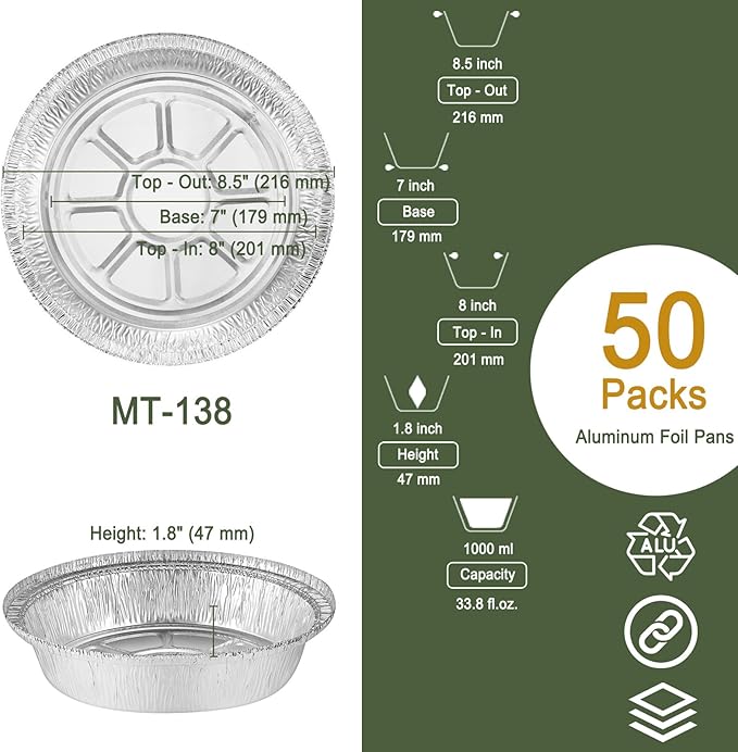7" Aluminum Foil Pans without Lids 50 Pack of 22.3 oz,Heavy Duty Disposable Containers for Roasting,Storing,Baking,Cooking, Deep Dish Pie Pans, Recyclable