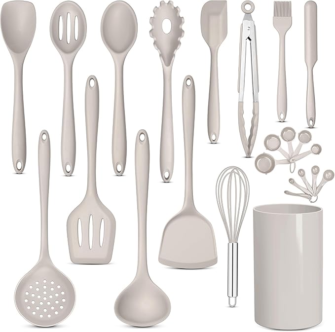 E-far Silicone Cooking Utensils Set, 24Pcs Heat Resistant Kitchen Utensil with Holder, Silicone Kitchen Tools with Spatula Turner Spoon Tongs Whisk, Non-Toxic & Dishwasher Safe (Khaki)