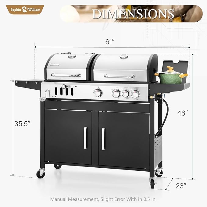 Sophia & William Charcoal and Propane Gas Grill Combo with Side Burner & Porcelain-Enameled Cast Iron Grate, Dual Fuel BBQ Grill for Outdoor, Barbecue Grill, 690 SQIN Cooking Area