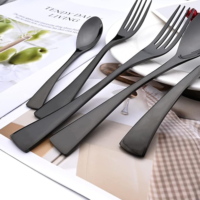 Black Tableware 20Pcs Mirror Polished 18/10 Stainless Steel Luxury Flatware - Heavy Cutlery Set Service For 4 Include Knives/Forks/Spoons/Salad Fork/Teaspoon, Dishwasher Safe