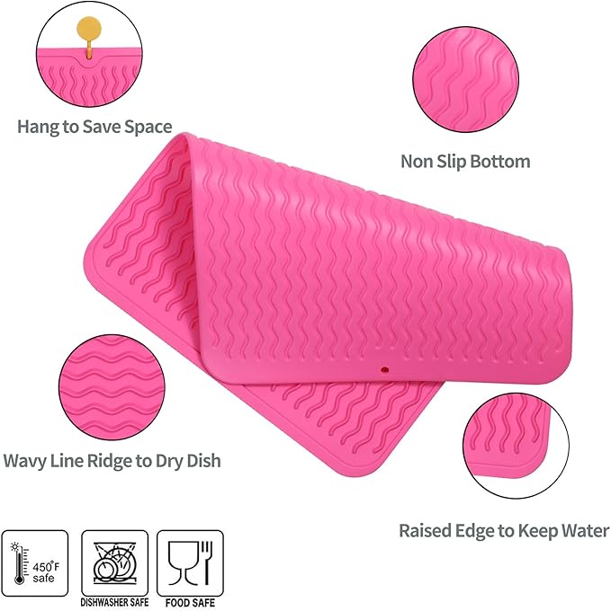 Silicone Dish Drying Mat for Multiple Usage,Easy clean,Eco-friendly,Heat-resistant Silicone Mat for Kitchen Counter or Sink,Refrigerator or drawer liner Rose L 16 inches x 12 inches